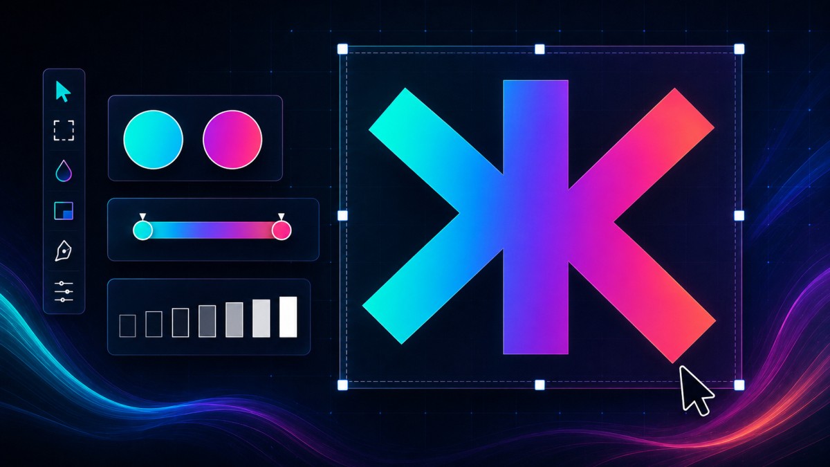 An online design editor interface showing two color swatches and gradient controls applied to a bold geometric shape. 