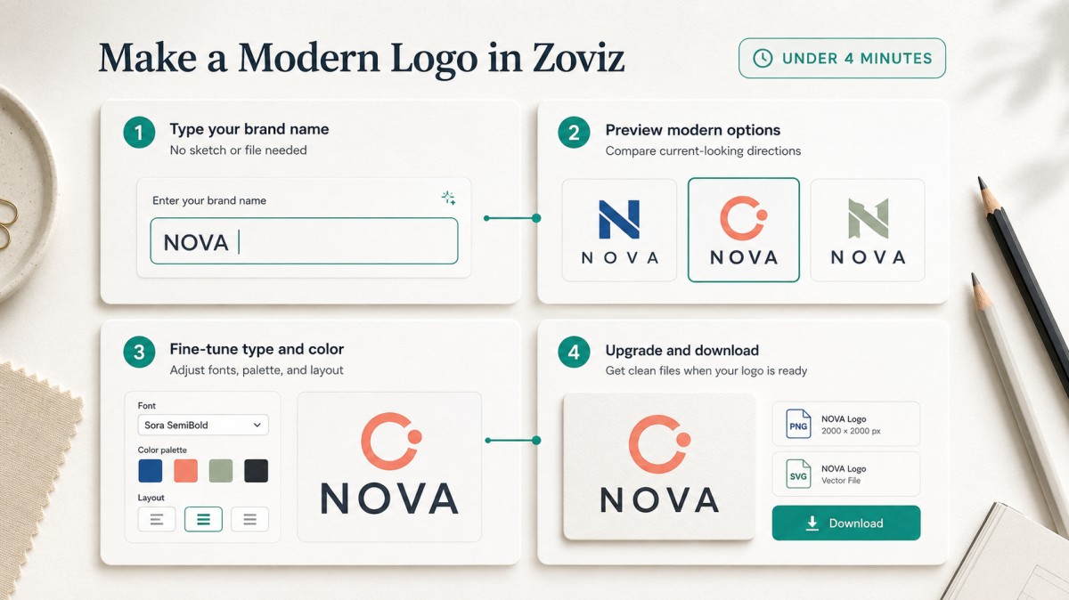 How to make a modern logo in Zoviz  Prefer to skip the manual version? Here is the actual flow, front to back, in under 4 minutes.