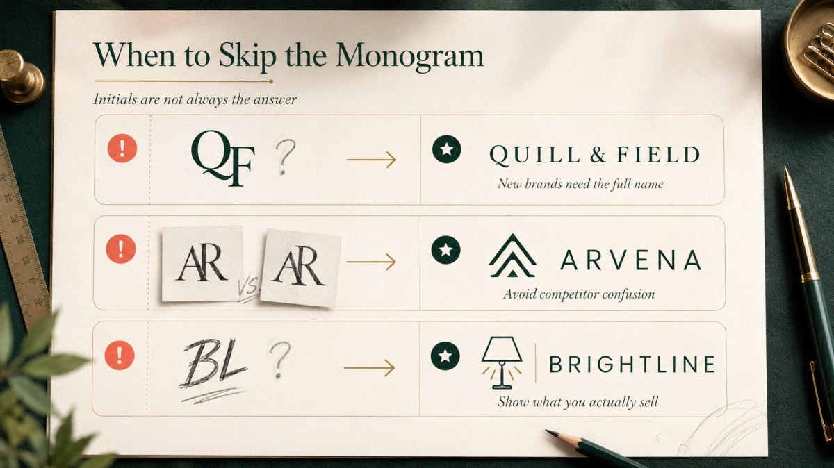 Three situations when a monogram logo should be replaced by a full wordmark, distinctive symbol, or product-focused logo