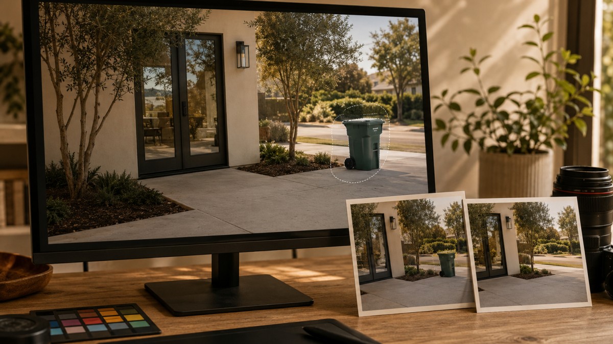 Real estate photo editing workspace showing precise trash bin removal, natural texture reconstruction, and original-versus-edited photo comparison.