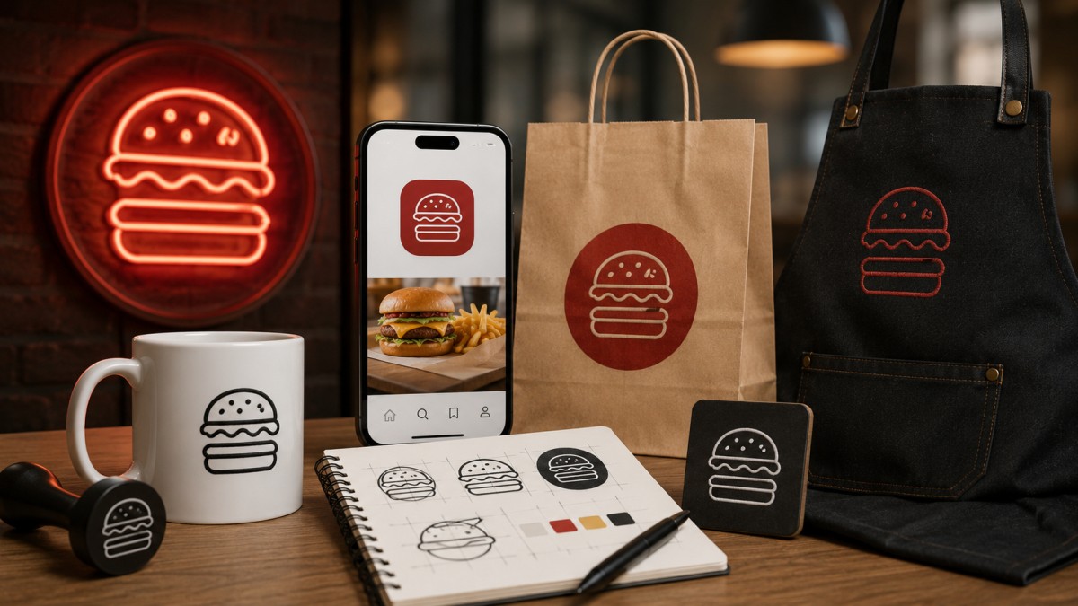 Restaurant logo design shown across a neon sign, delivery app icon, takeout bag, apron, and printed materials to demonstrate logo versatility.