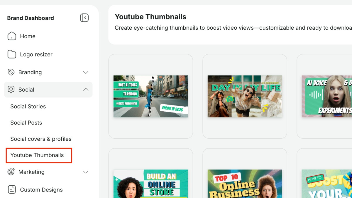 Youtube Thumbnails in Zoviz's menu