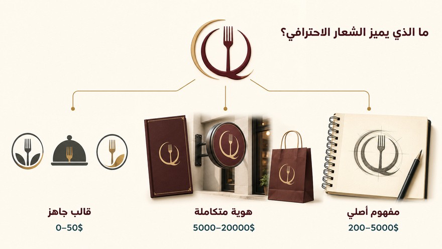 مقارنة مبسطة بين مفهوم شعار أصلي وهوية مطعم متكاملة وقالب شعار جاهز مع نطاق تكلفة كل خيار