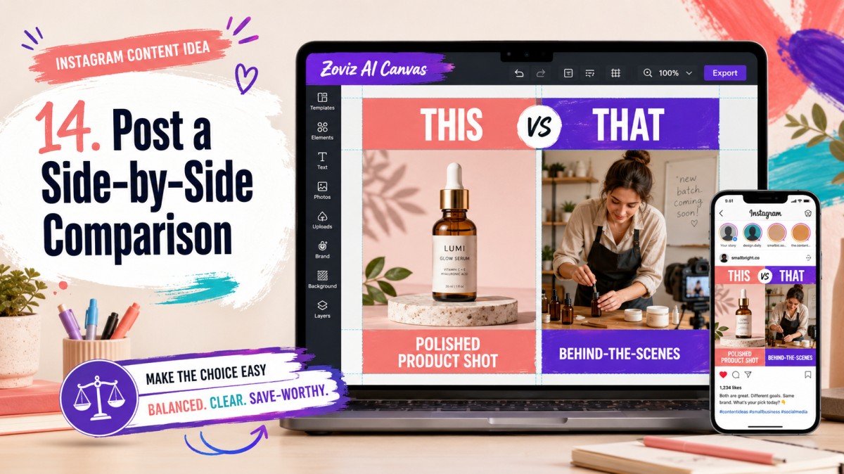 Instagram content idea showing a balanced side-by-side comparison of a polished product shot and behind-the-scenes content created in Zoviz AI Canvas.