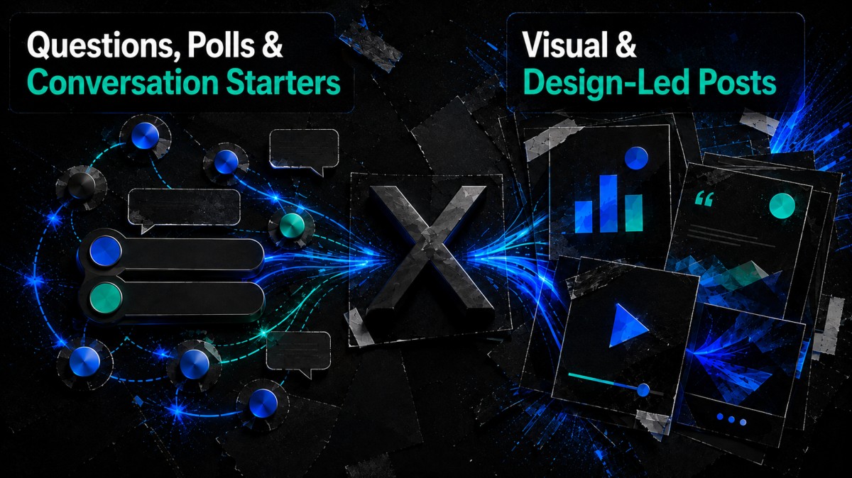 A glowing X symbol connecting audience polls and conversation bubbles with visual content cards, charts, videos, and carousel designs
