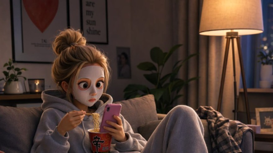 AI-generated Instagram character relaxing on a couch while using a smartphone and eating noodles.