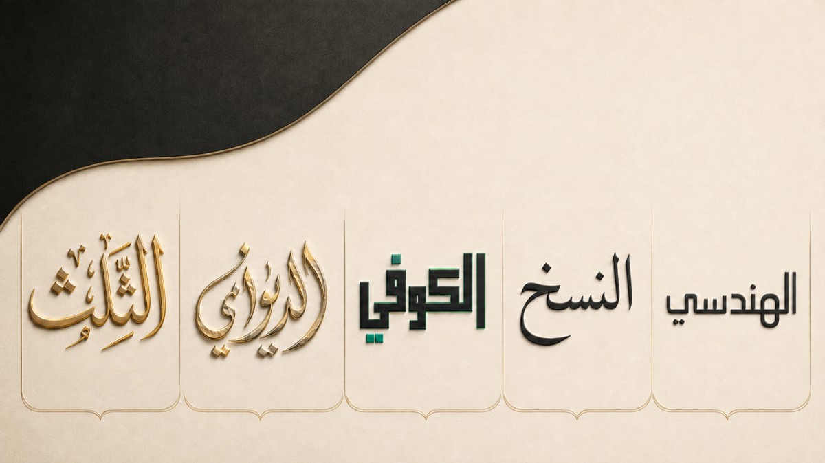 مقارنة بصرية بين خمسة أنماط من الخطوط العربية، من الخط الهندسي البسيط إلى خط الثلث الفاخر، بتصميم أسود وذهبي يعكس اختلاف الفئات السعرية. 