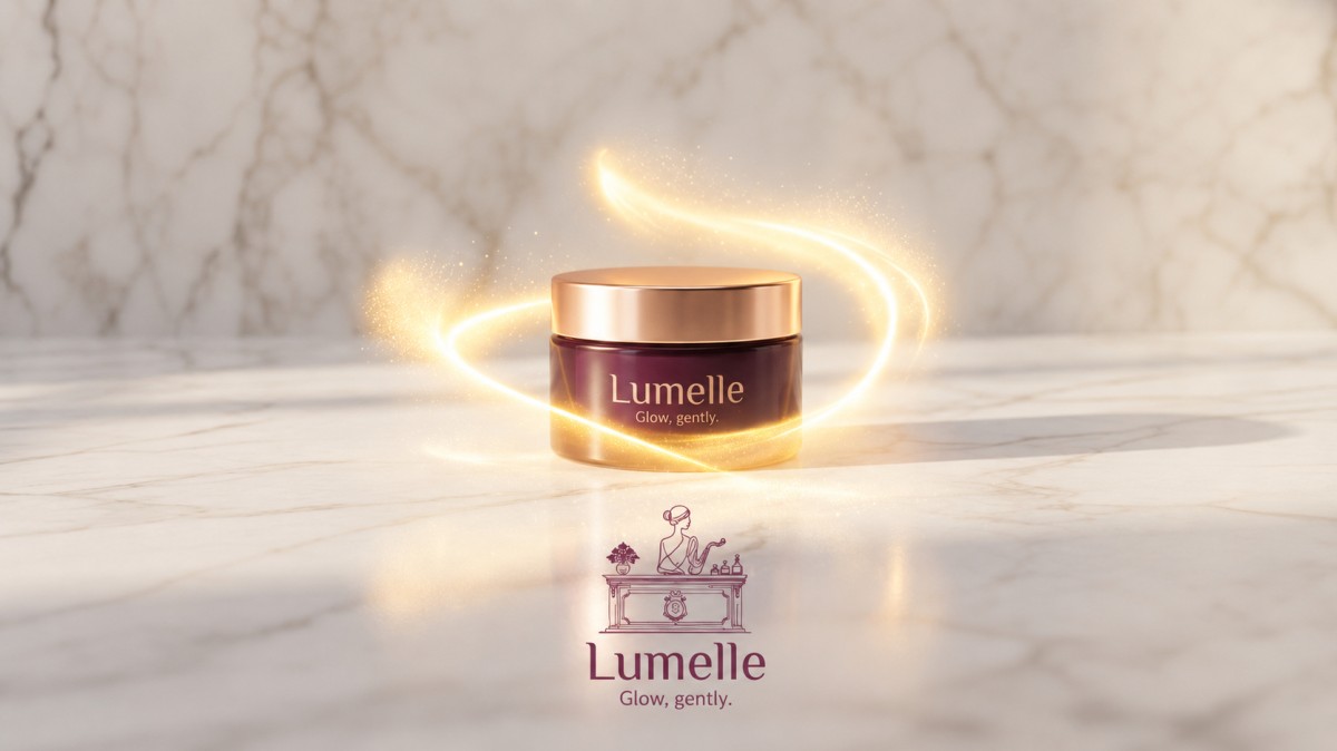 Lumelle cosmetic cream jar surrounded by a glowing golden ribbon on a marble surface