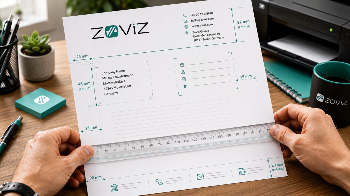 Zoviz-Briefkopf wird mit einem Lineal auf korrekte Abstände, Ausrichtung und DIN-konforme Platzierung geprüft.