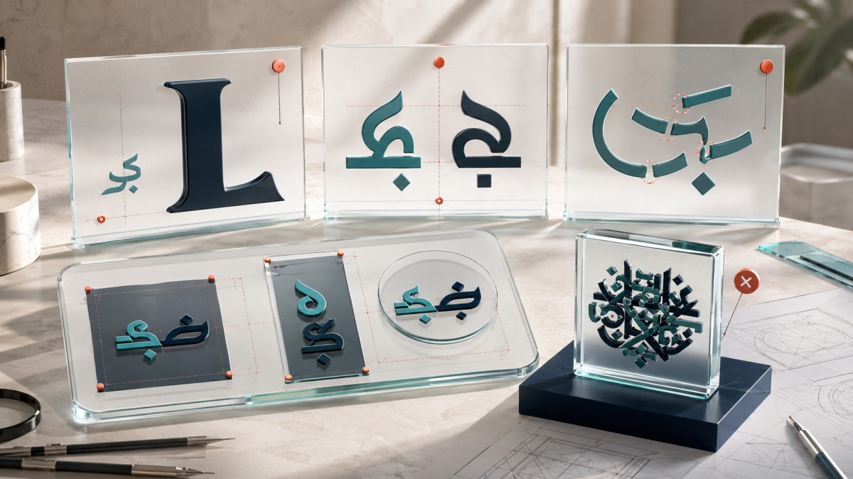 نماذج بصرية توضح أخطاء تصميم الشعارات الثنائية اللغة، مثل اختلاف أحجام الحروف، وتفكك الخط العربي، وغياب النسخ المناسبة للأحجام والاستخدامات المختلفة.