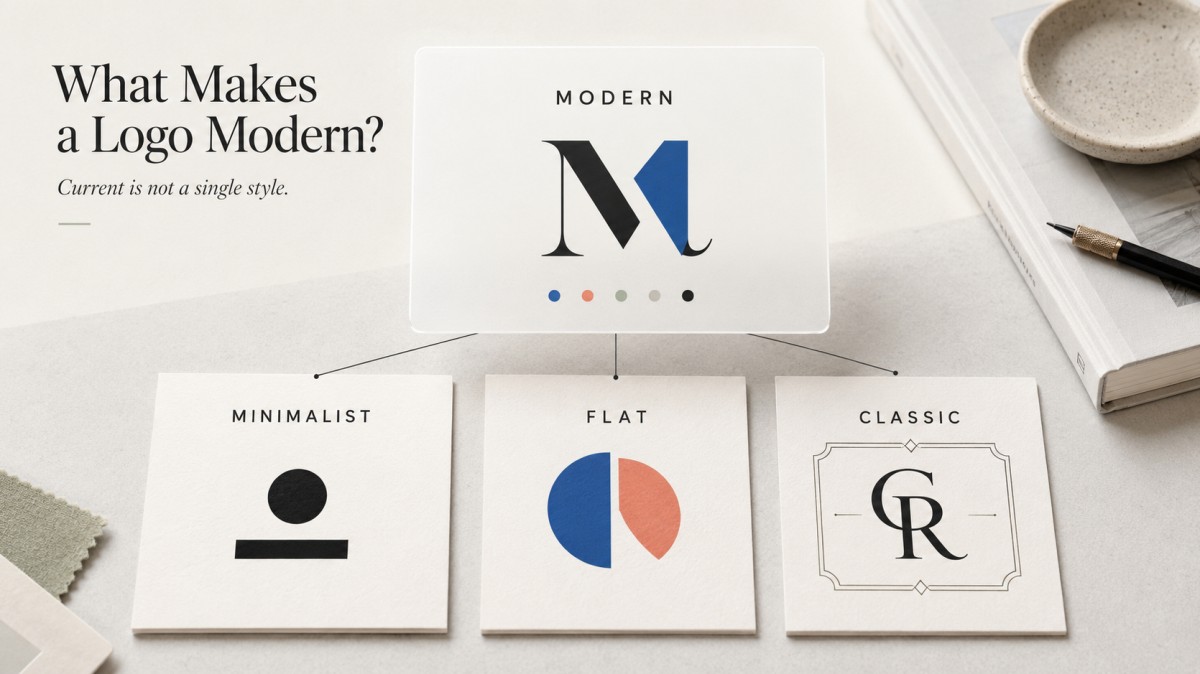 Modern logo design comparison showing minimalist, flat, classic, and modern logo styles