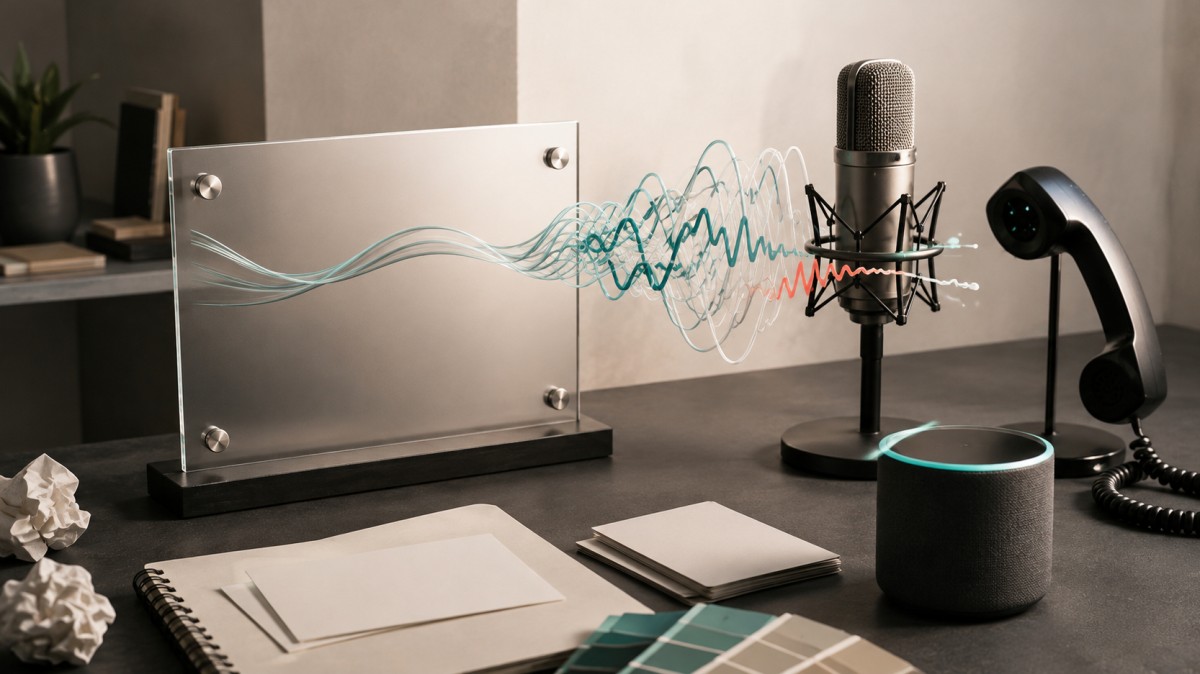 Tangled sound waves between a blank brand sign, microphone, phone, and speaker illustrate a business name that was never tested aloud.