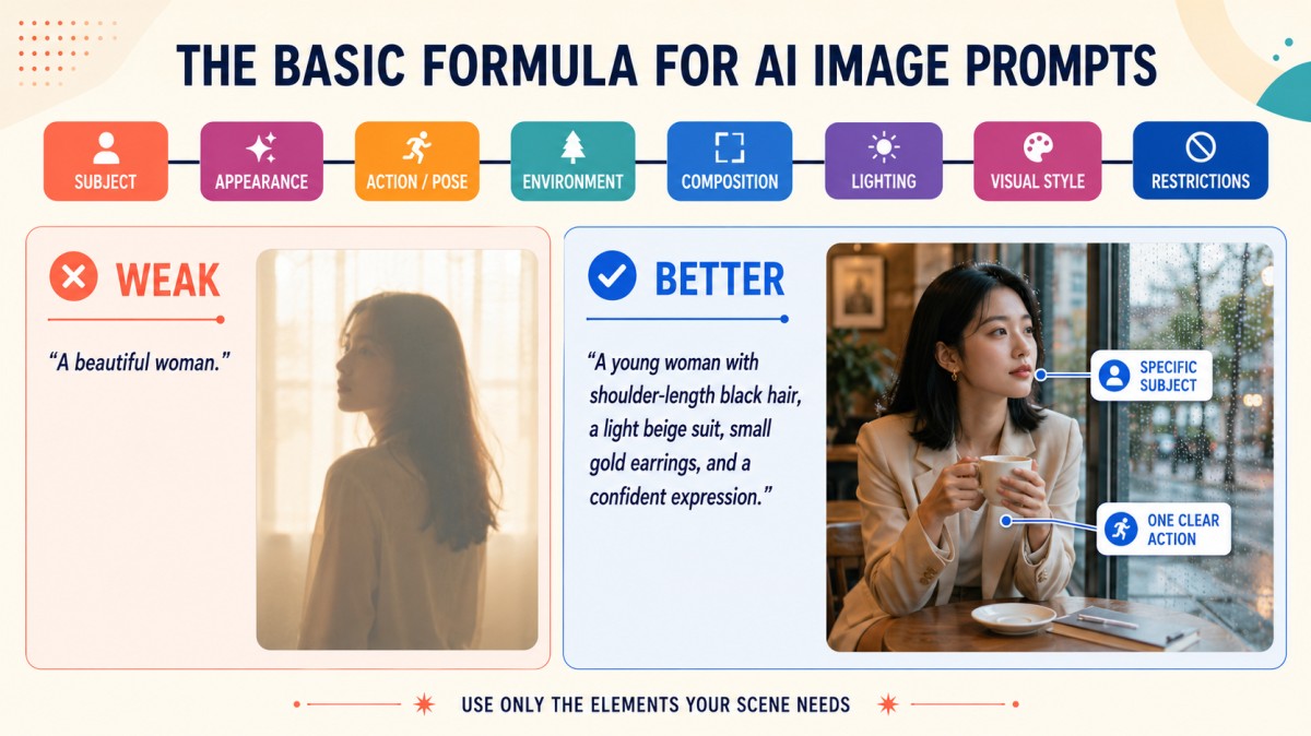 Basic AI image prompt formula comparing a vague subject description with a specific subject, appearance, and clear action.