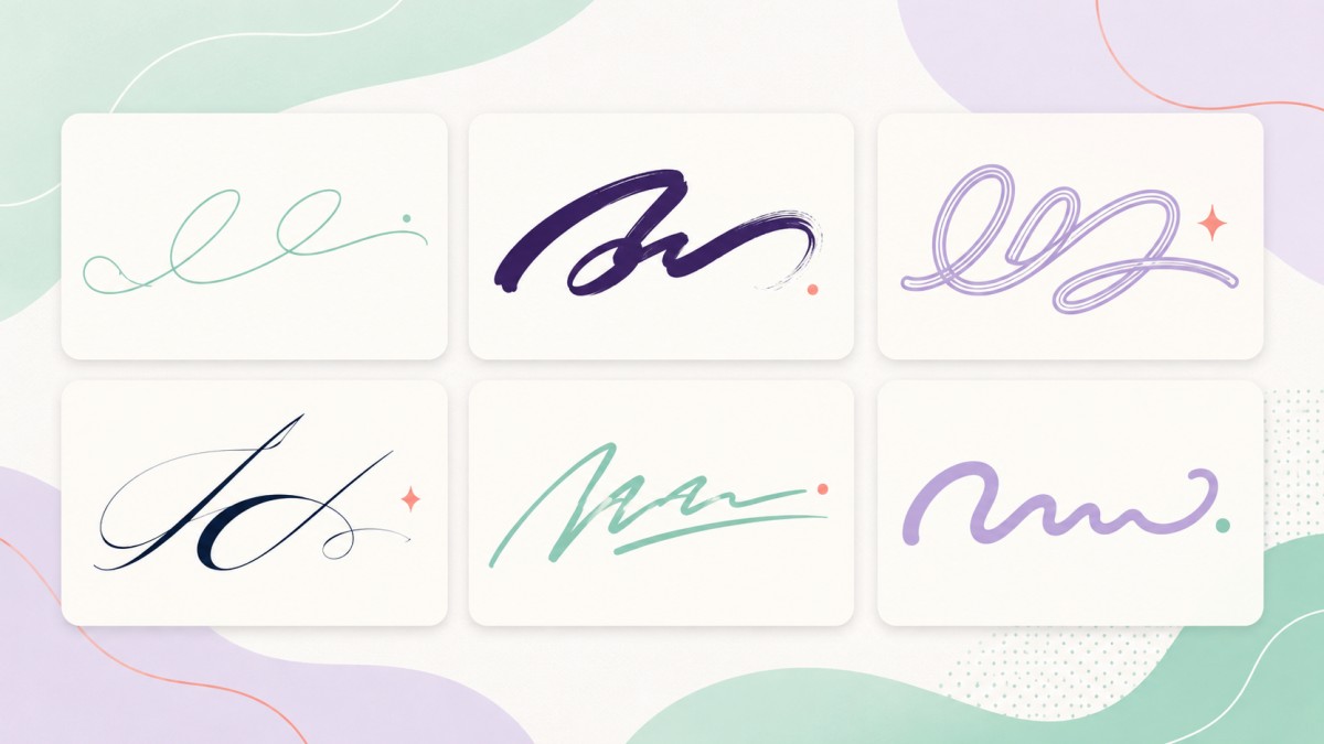 Six abstract cursive wordmark styles displayed on cards with mint green and violet accents.