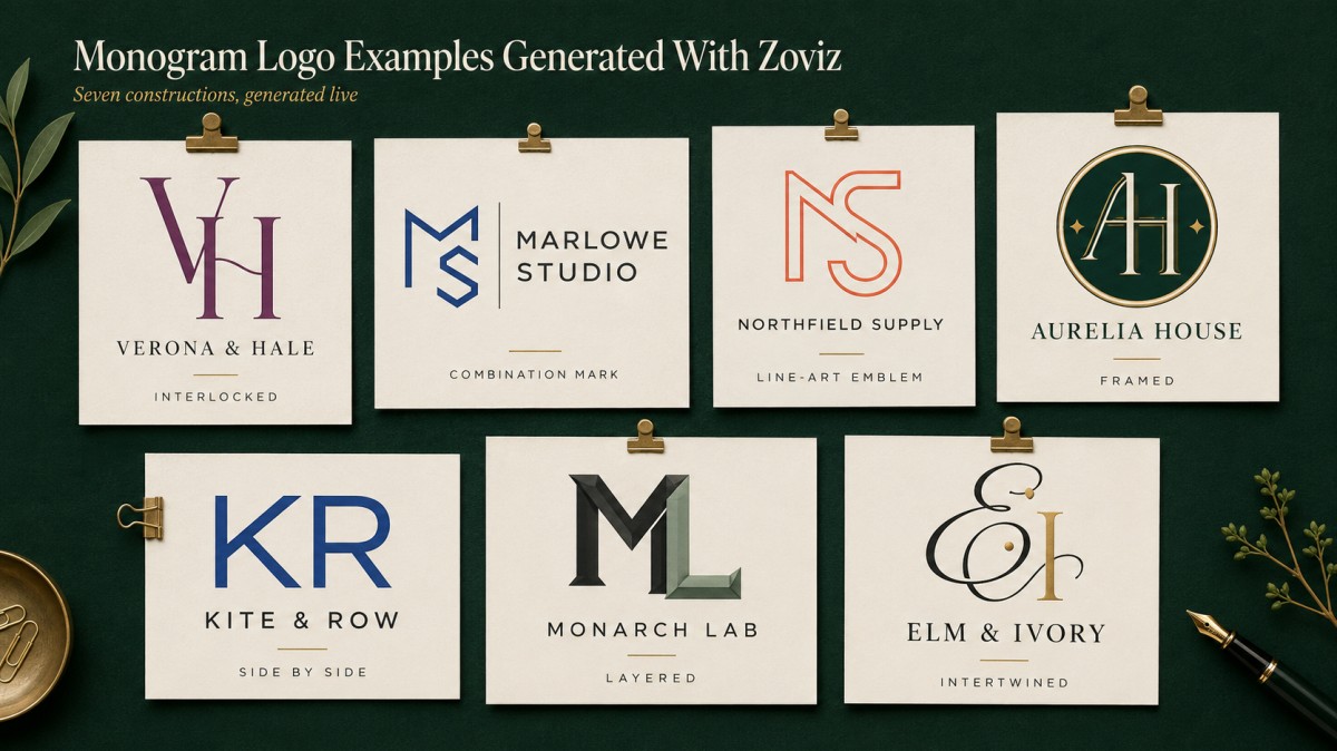 Seven monogram logo examples generated with Zoviz, including interlocked, framed, layered, side-by-side, and combination designs