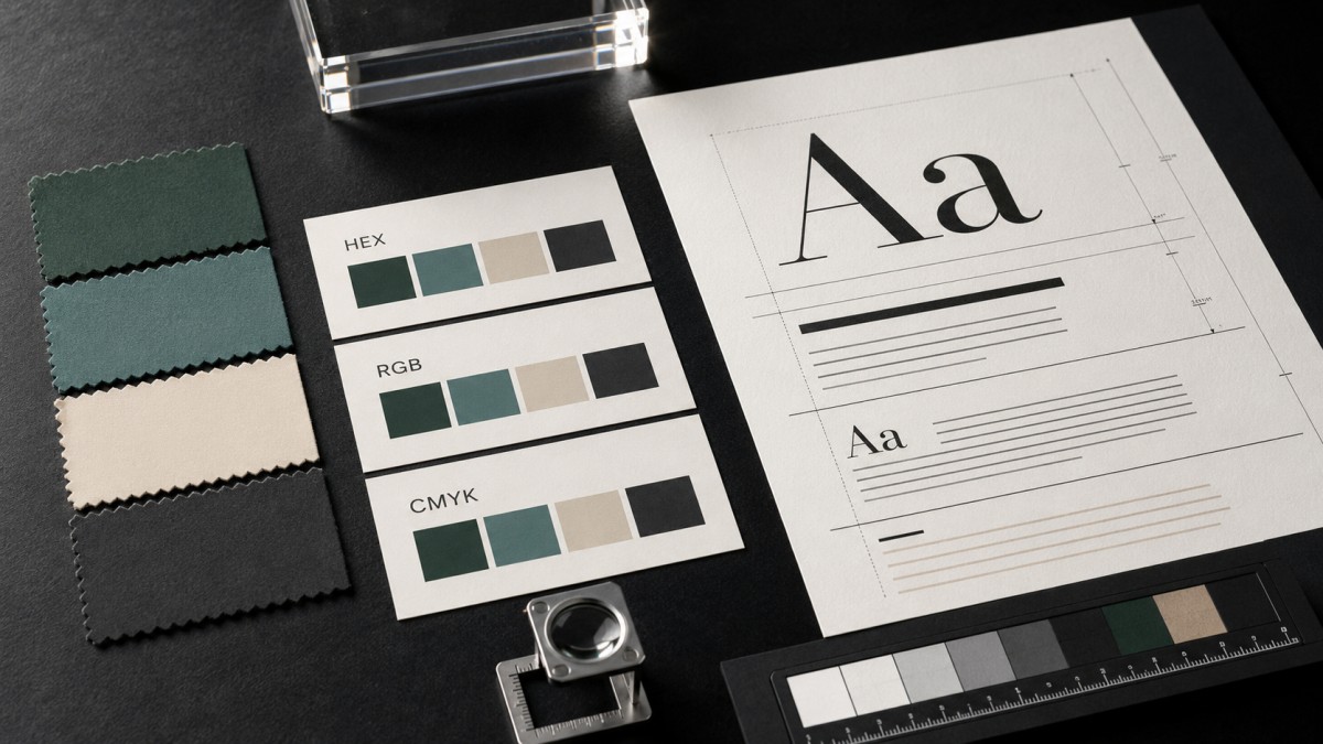 Brand color swatches with HEX, RGB, and CMYK references beside a typography specimen showing heading, body, and fallback font styles.