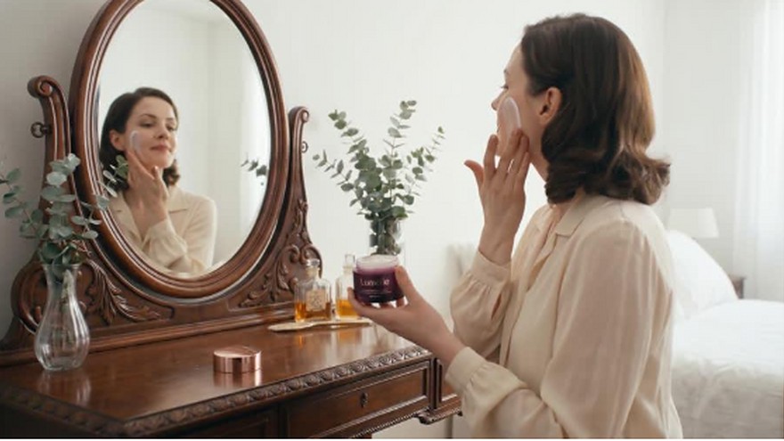 A woman applies Lumelle face cream while sitting at a vintage vanity mirror in a softly lit bedroom.