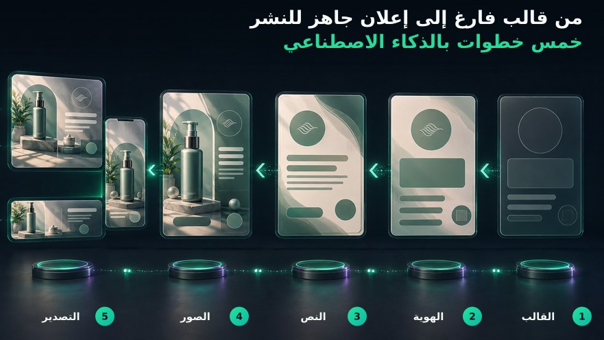 إنفوجرافيك يوضح تحوّل قالب إعلاني فارغ إلى إعلان جاهز للنشر عبر خمس مراحل: القالب، الهوية، النص، الصور والتصدير.