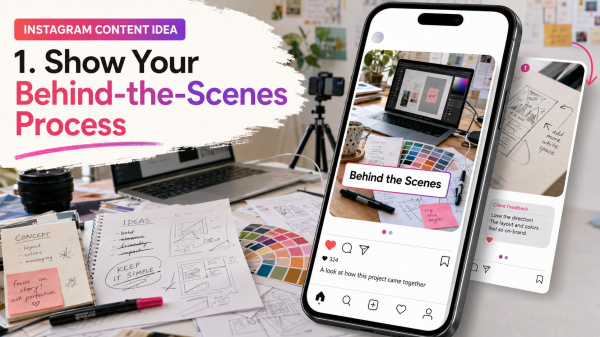 Instagram content idea showing a customer post, a permission request, and the same user-generated photo reposted with credit.