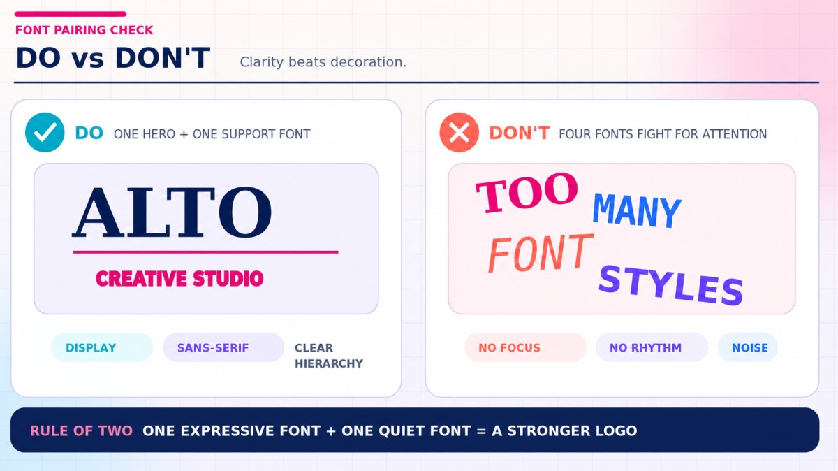 Do vs Don’t font pairing comparison showing a clear display and sans-serif combination beside four clashing decorative fonts. 