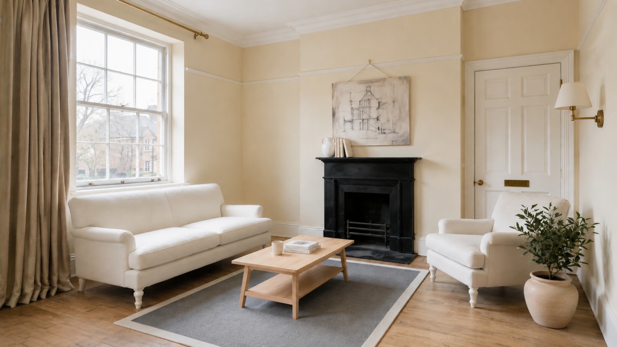 Elegant living room with white sofa, armchair, wooden coffee table, black fireplace, gray rug, large window, and potted plant.