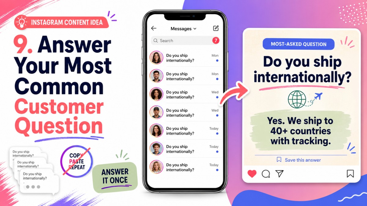 Instagram content idea showing a frequently repeated customer DM turned into one clear and reusable FAQ post.