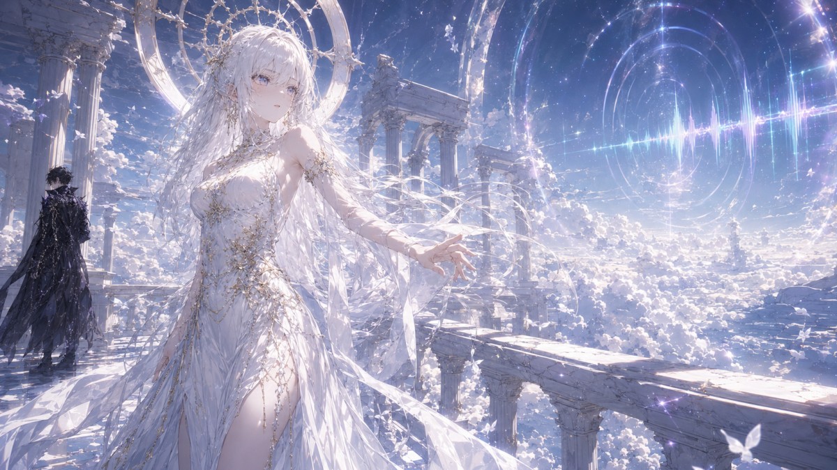 Elara hears a mysterious disembodied voice on a celestial balcony with no visible speaker.