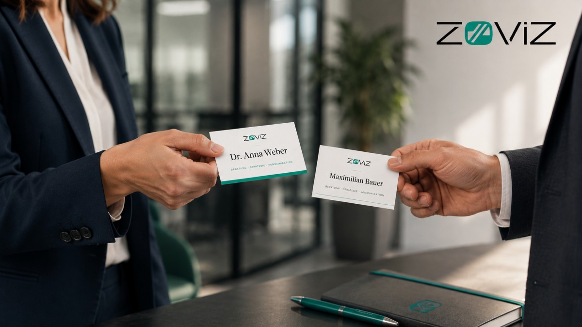 Zwei Geschäftspartner tauschen im Büro Zoviz-Visitenkarten mit und ohne akademischen Titel aus.