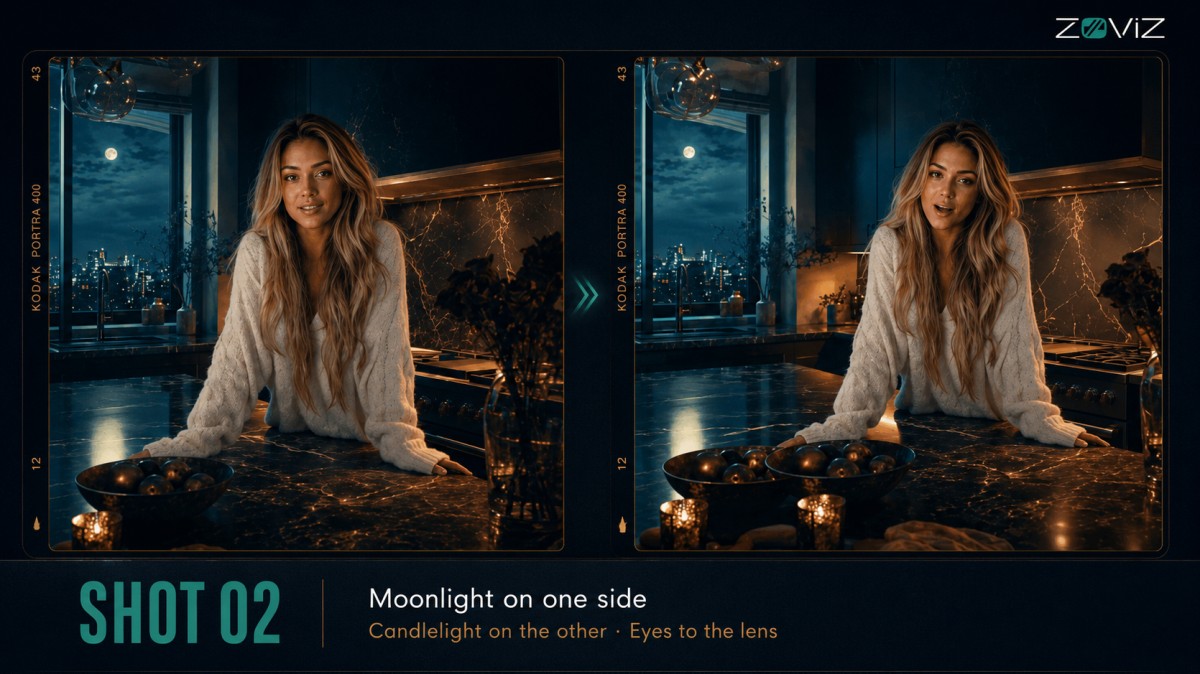 Shot 02: moonlight on one side, candlelight on the other, eyes to the lens