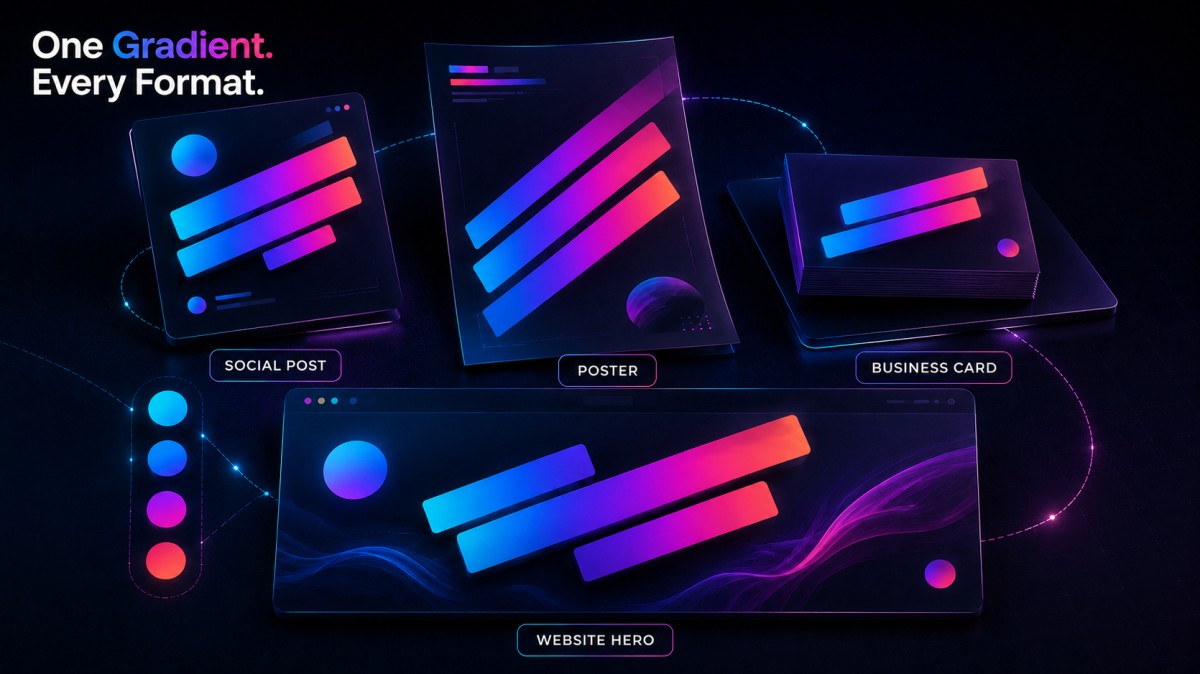 Social post, poster, business card, and website hero mockups demonstrating one consistent gradient style across multiple formats.