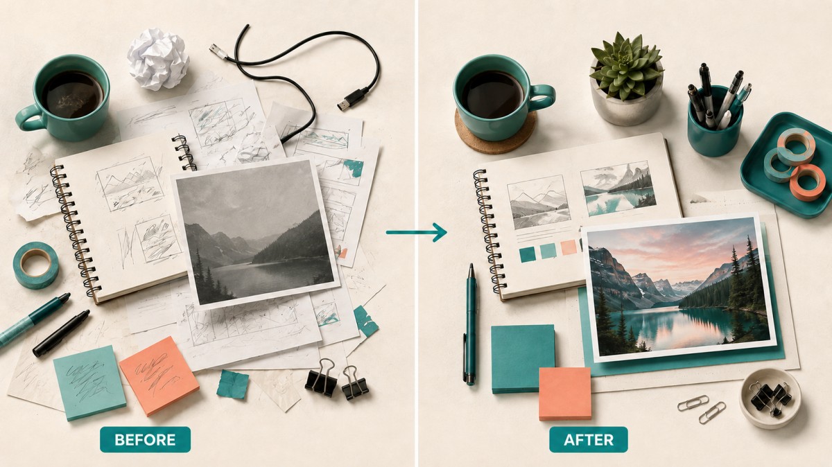A split-screen before-and-after comparison showing a messy creative desk transformed into an organized workspace with polished artwork.