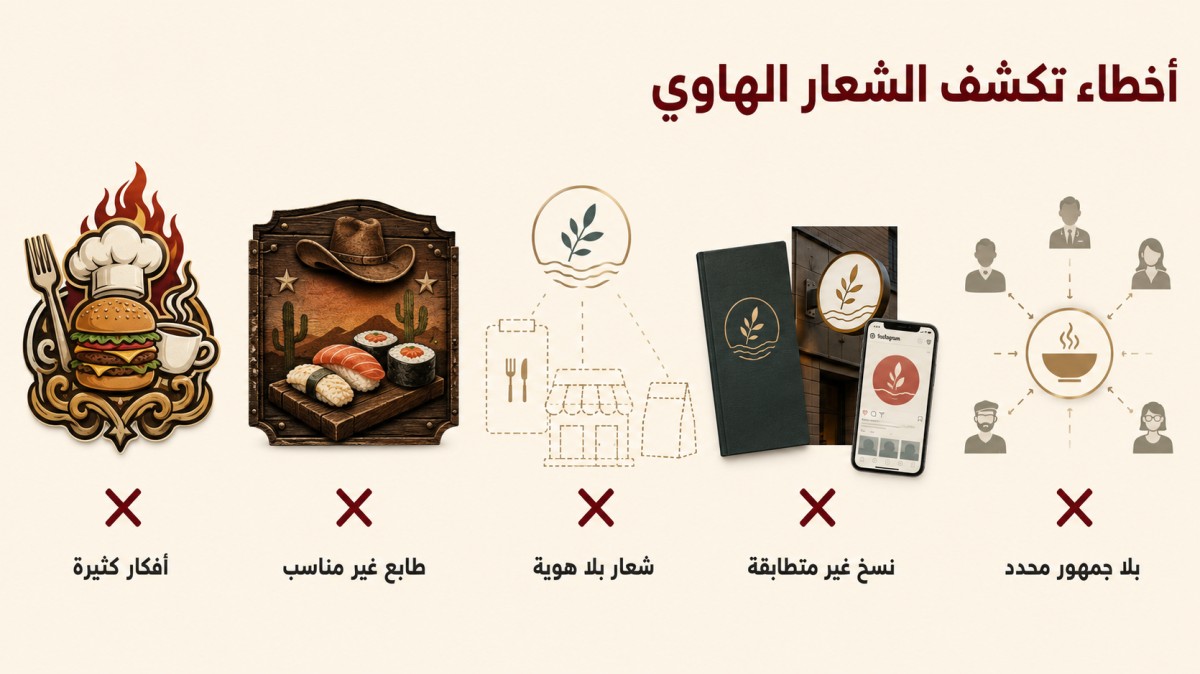 خمسة أخطاء شائعة تكشف شعار المطعم الهاوي، تشمل ازدحام الأفكار والطابع غير المناسب وغياب الهوية وعدم الاتساق وعدم تحديد الجمهور.