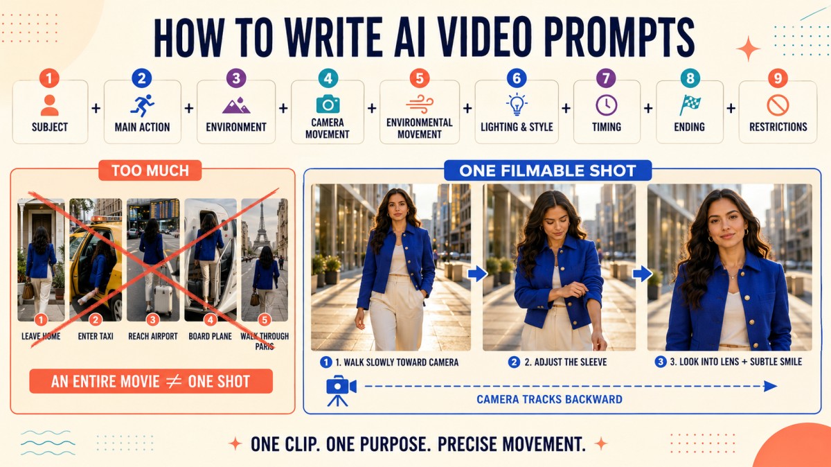 AI video prompt formula comparing an overloaded multi-scene sequence with one filmable shot using precise subject movement and backward camera tracking.