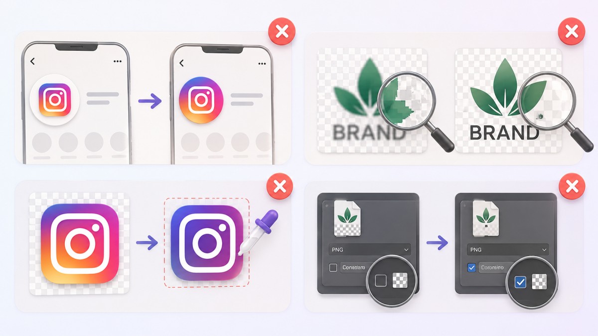أخطاء شائعة عند استخدام شعار PNG شفاف: فقدان الشفافية في صورة البروفايل، انخفاض دقة الشعار، تغيير ألوان شعار انستغرام، وعدم حفظ قناة الشفافية عند التصدير.