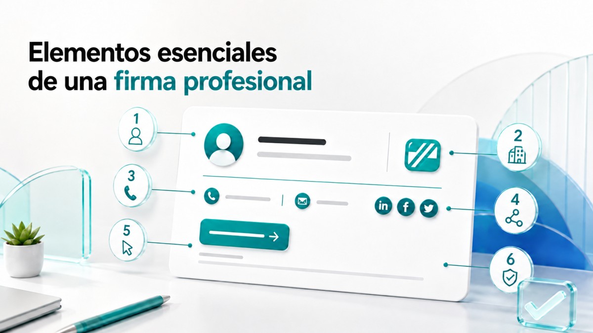 Elementos esenciales de una firma de correo profesional, como nombre, cargo, empresa, datos de contacto, redes sociales, llamada a la acción y aviso legal.