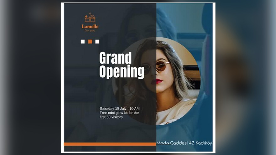 Lumelle grand opening poster featuring a woman in sunglasses, launch details, and a free mini glow kit offer.