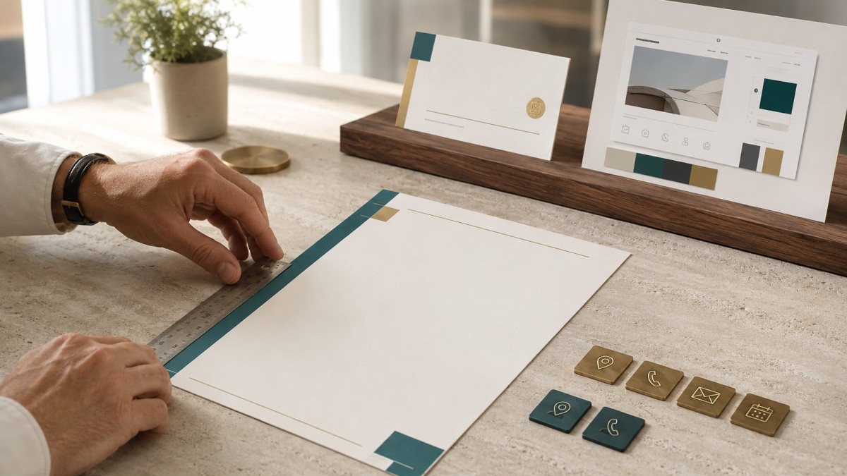 Designer assembling a professional letterhead identity system
