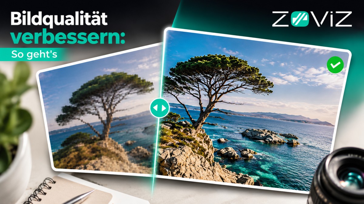 Vorher-Nachher-Vergleich eines verpixelten und eines scharfen Landschaftsfotos mit verbesserter Bildqualität im Zoviz-Design