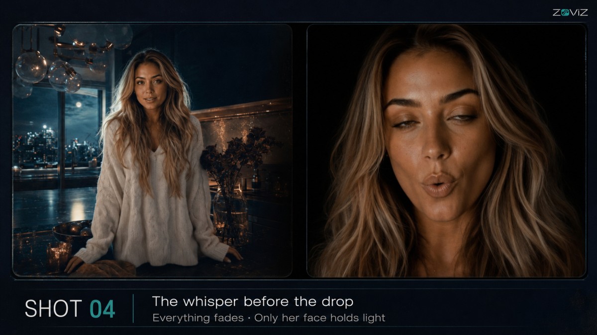Shot 04: the whisper before the drop — everything fades until only her face holds light