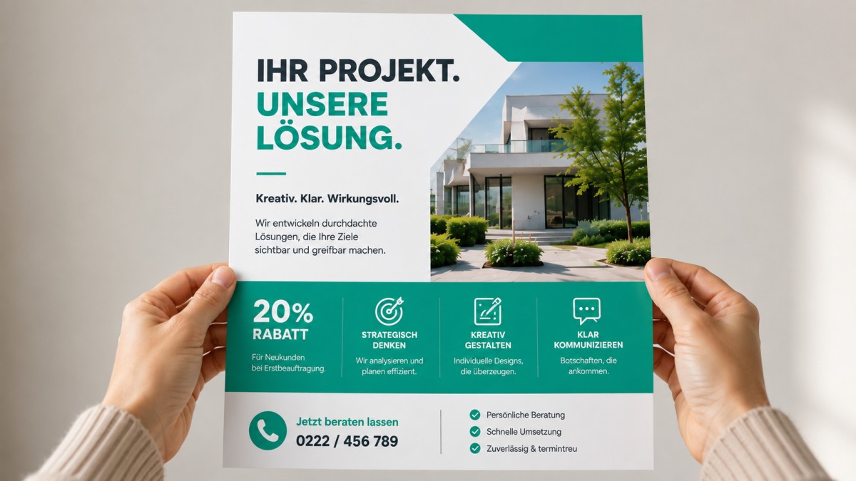 Eine Person hält einen professionell gestalteten Flyer auf Armlänge, um die visuelle Hierarchie und Lesbarkeit des Designs zu prüfen.