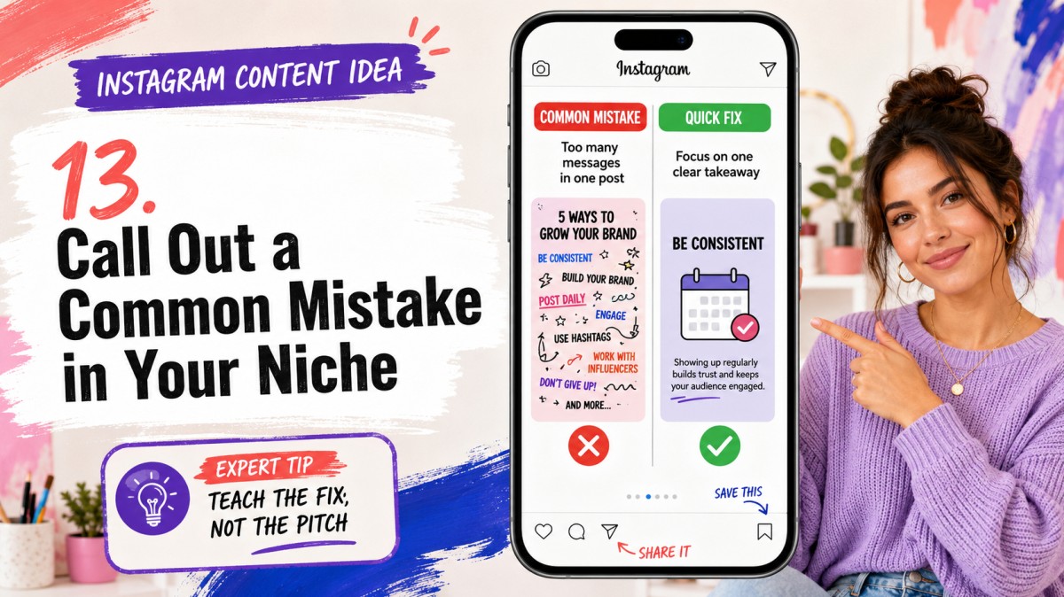 Instagram content idea comparing a common niche mistake with a clear quick fix in an educational, save-worthy post.
