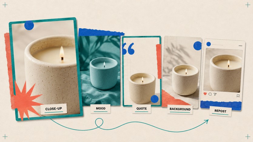One ceramic candle photo repurposed into five social posts: close-up, mood, quote, background, and repost