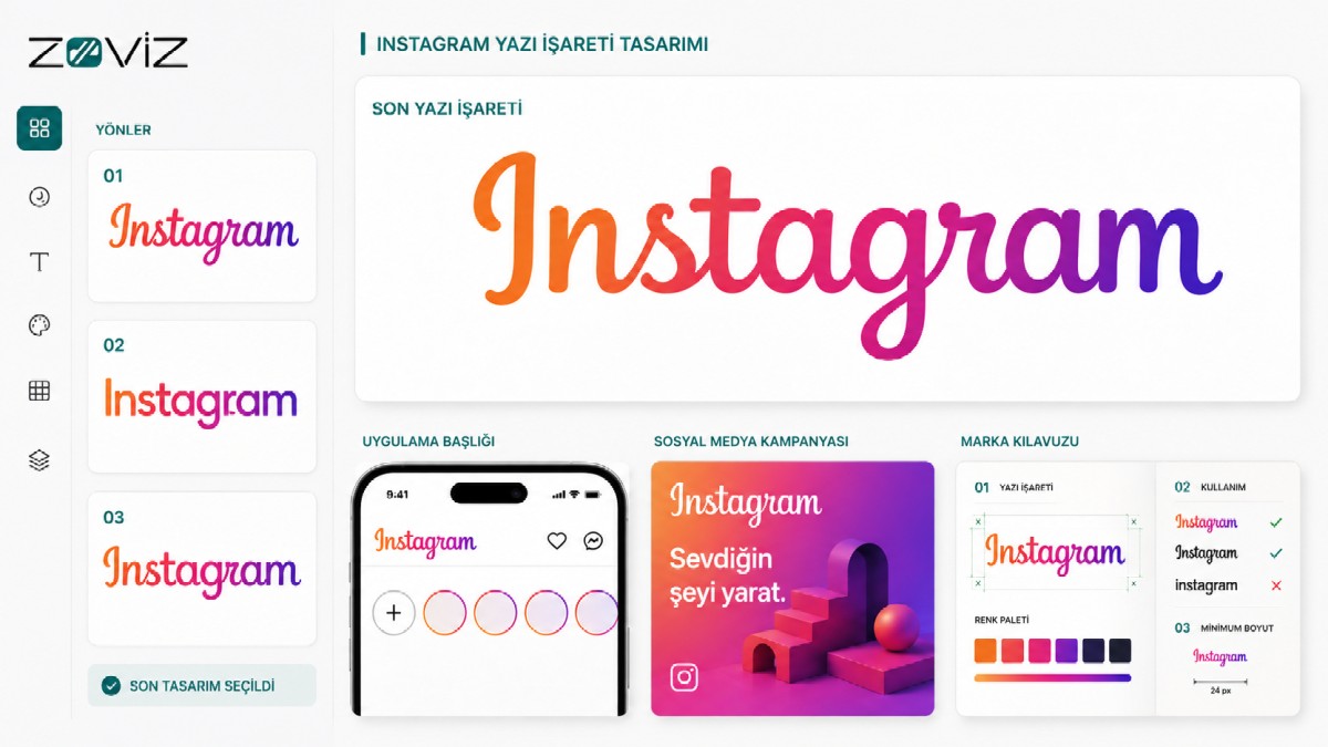 Instagram yazı işareti yeniden tasarımının farklı logo seçenekleri, uygulama görünümü, sosyal medya kampanyası ve marka kılavuzu.