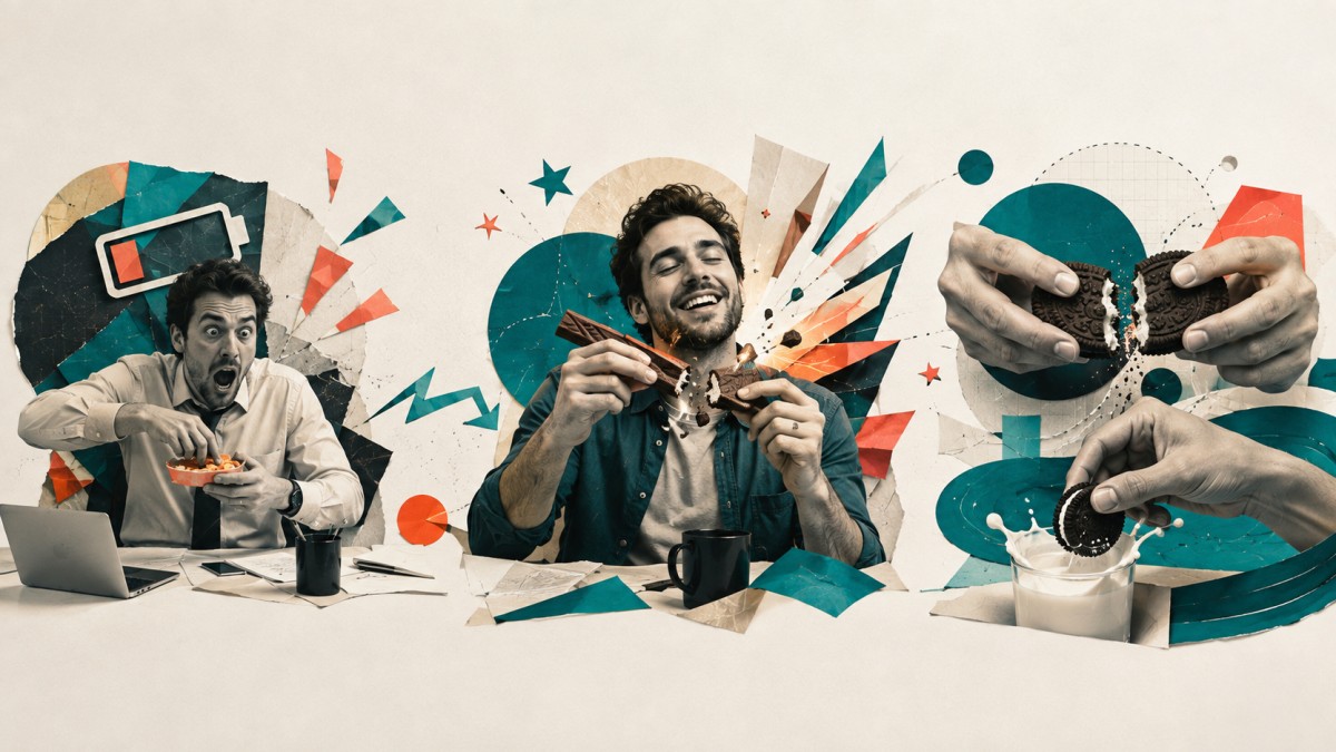 Collage creativo sobre eslóganes con humor y juegos de palabras, inspirado en campañas de snacks, chocolate y galletas.