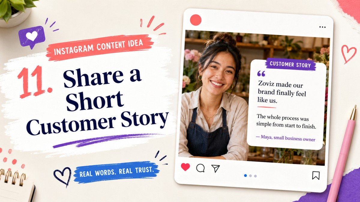 Instagram content idea featuring a happy small business owner and a short two-sentence customer story presented as an authentic recommendation.