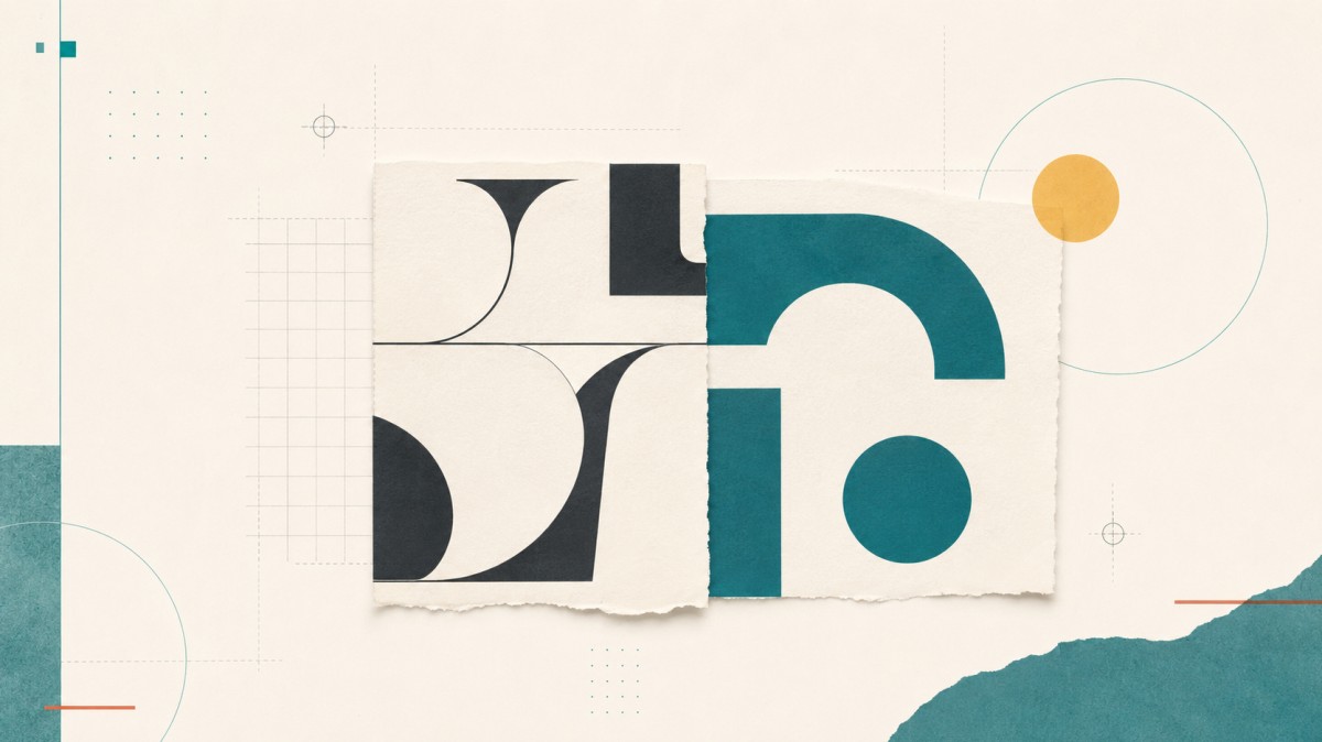 Abstract editorial illustration showing contrasting serif-inspired curves and geometric sans-serif shapes paired harmoniously on layered paper.
