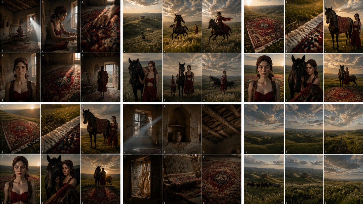 AI-generated storyboard contact sheets for a cinematic Persian carpet campaign