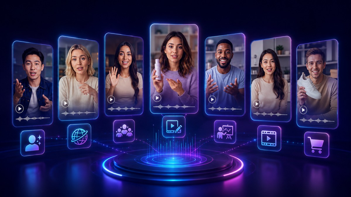 Seven AI-generated presenters displayed in futuristic video frames, representing a comparison of the best AI UGC video generators