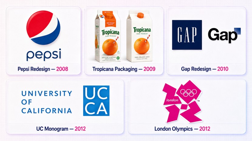 Comparison of five controversial redesigns: Pepsi 2008, Tropicana packaging 2009, Gap 2010, UC monogram 2012, and London Olympics 2012.