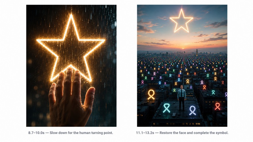 AI-generated Reel scenes showing a glowing star triggering an emotional turning point before restoring the character’s identity across the city.